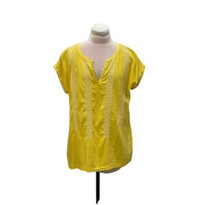 J. JILL Pomelo Yellow Embroidered Top Large Petite Split Neck Cotton Modal BOHO